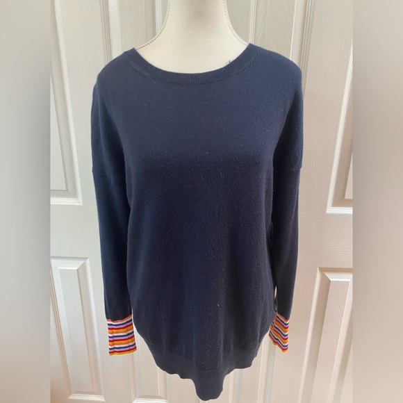 Boden Navy with Colorful Stripe Accents Wool Crew Neck Pullover Sweater Size S - Picture 1 of 9